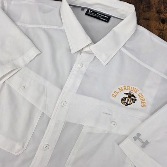 Under Armour HeatGear Short Sleeve Button Down White USMC Mens 2XL Fishing - Picture 1 of 8